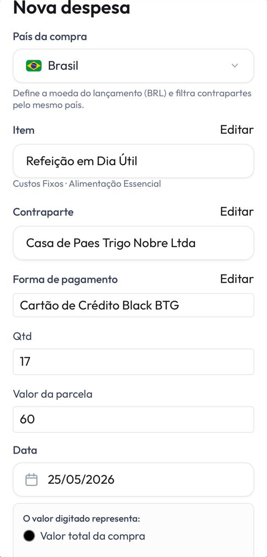 Tela de cadastro de nova despesa no ClariFin