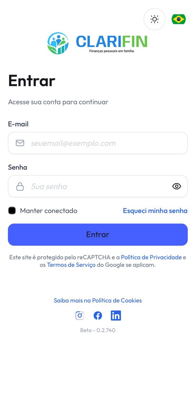 Tela mobile de login do ClariFin